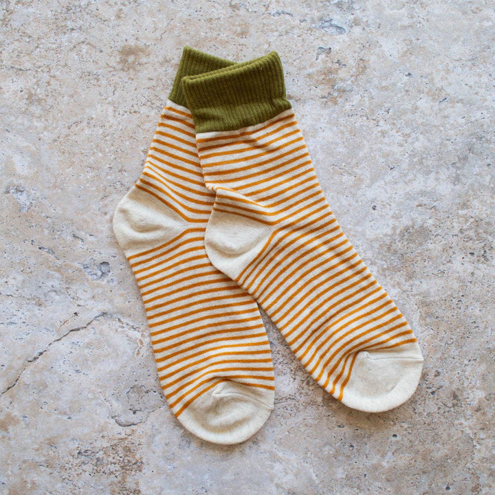 2 Tone Stripe Casual Socks: Olive/Oatmeal