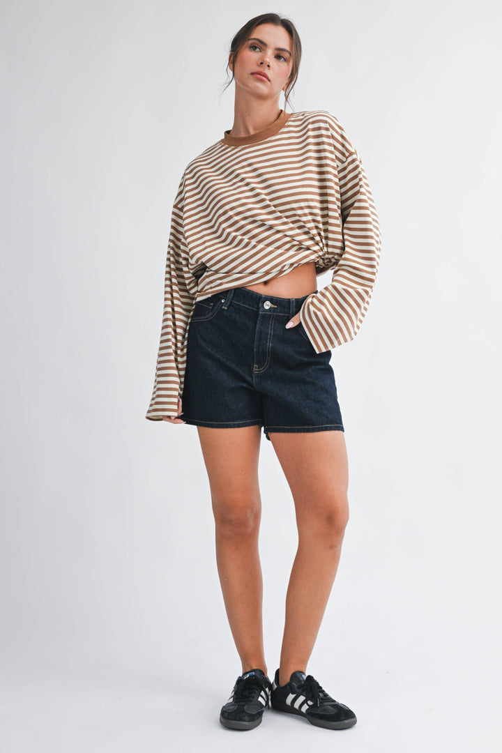 Oversized Stripe Long Sleeve Top: Latte
