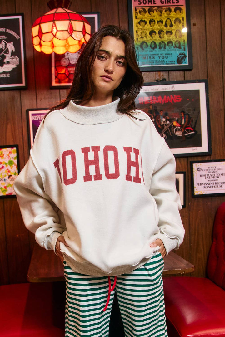 'FA LA LA & HO HO HO' Mock Neck Sweatshirt: HEATHER GREY
