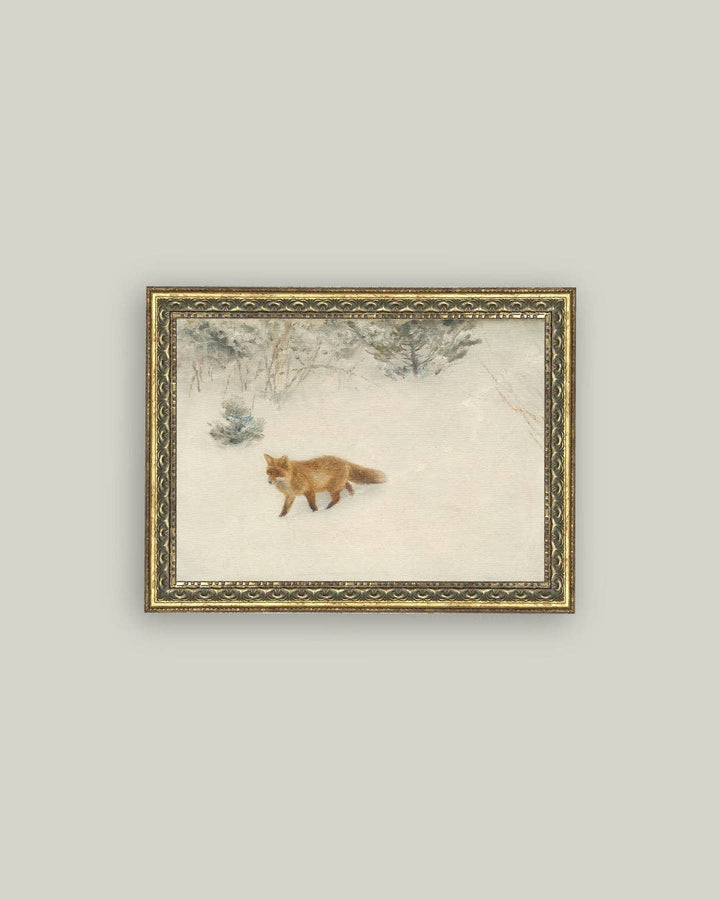 Fox In Winter Framed Antique Art: 7x5