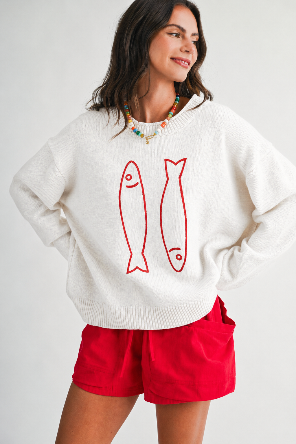 Oversized Graphic Knit Sweater: Sardine White