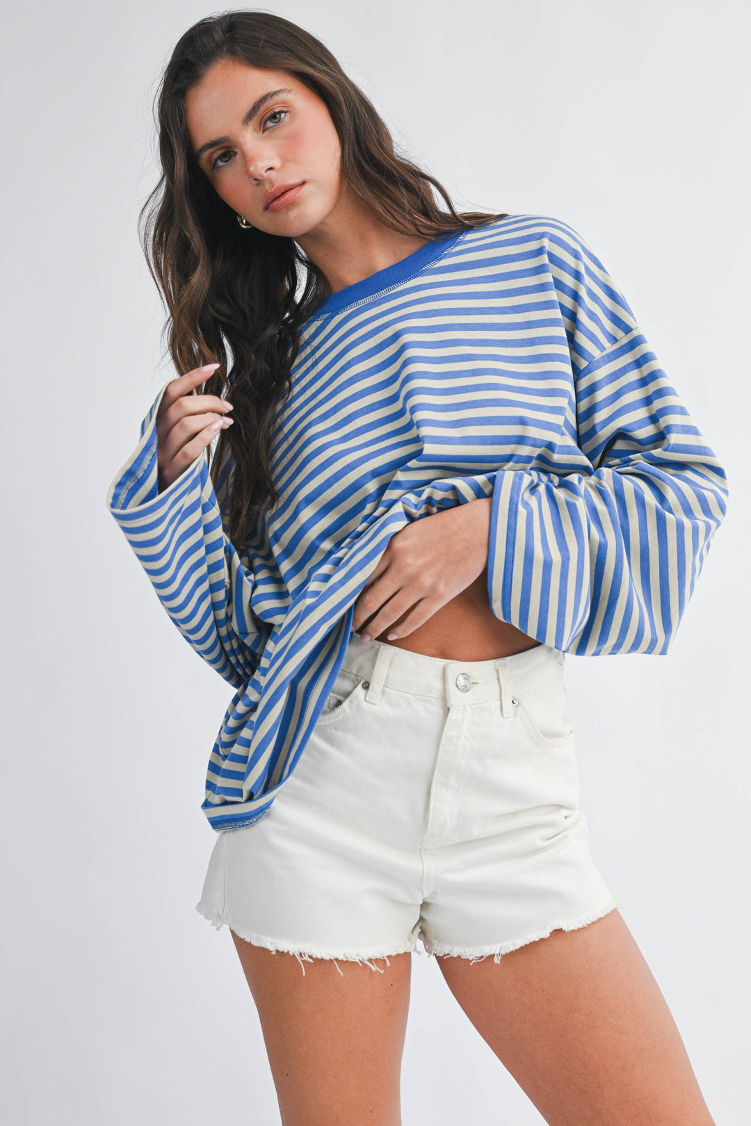 Oversized Stripe Long Sleeve Top: Sky