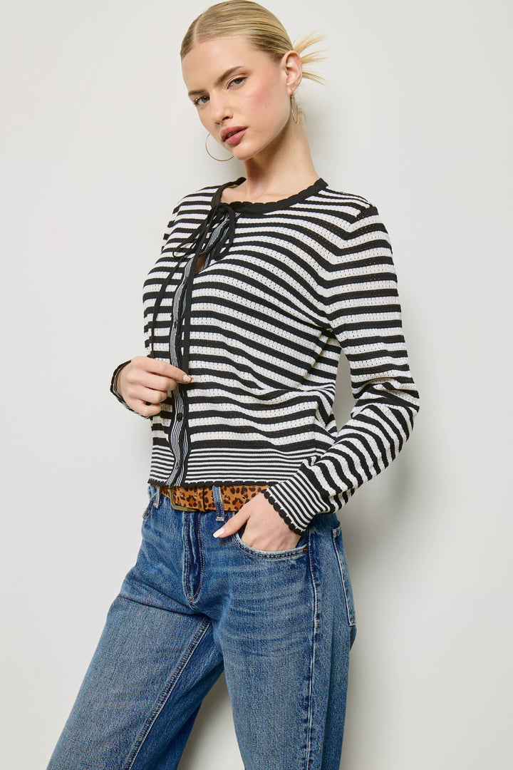 Mixed Stripe Bow Tie Cardigan: Black
