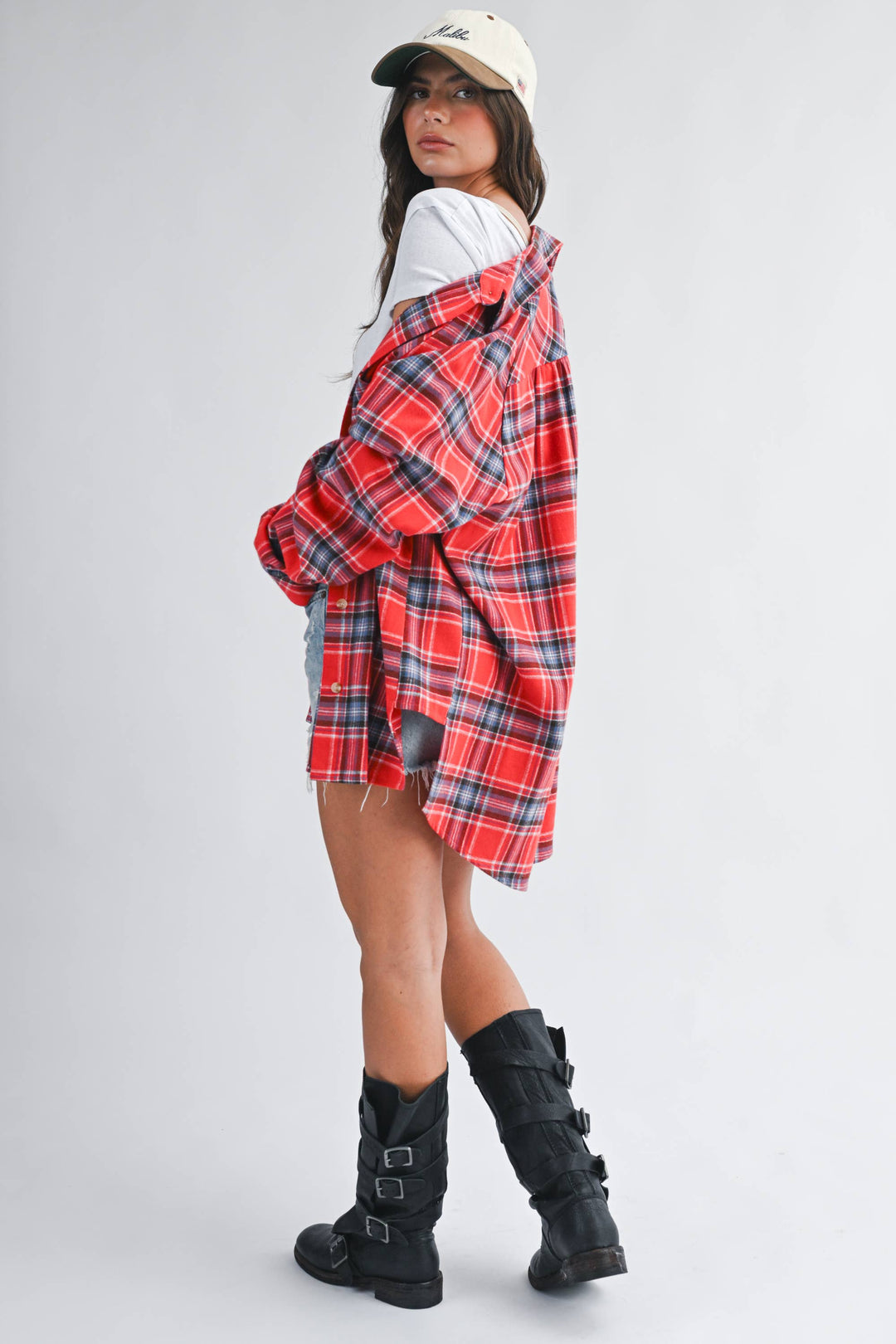 Oversized Plaid Button Down Shirt: Red