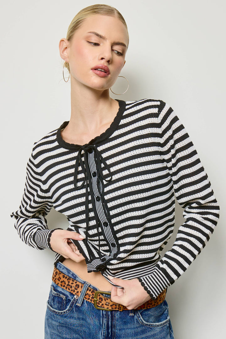 Mixed Stripe Bow Tie Cardigan: Black