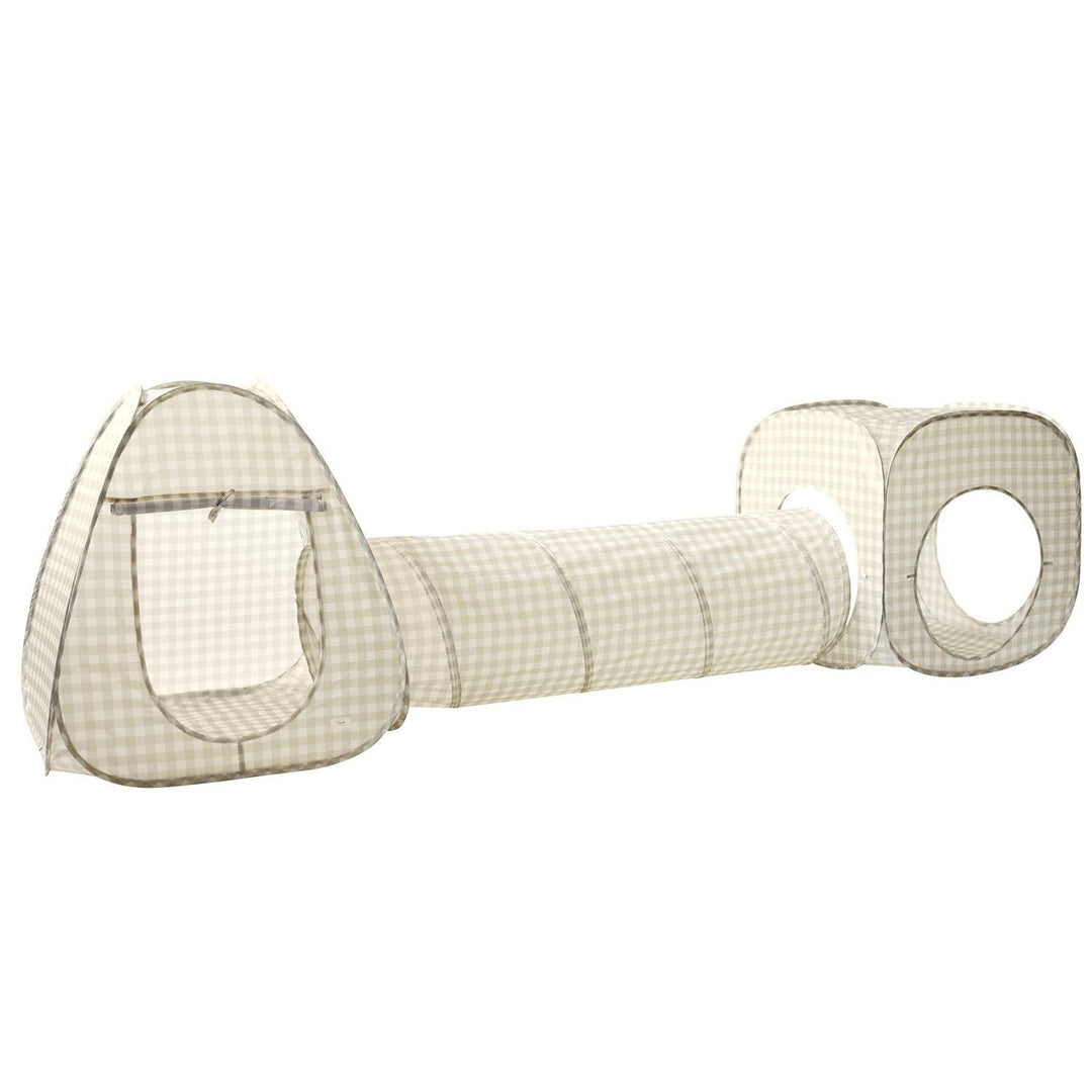 Kids 3-in-1 Play Tent & Tunnel Set with Recycled Fabric: Gingham Beige