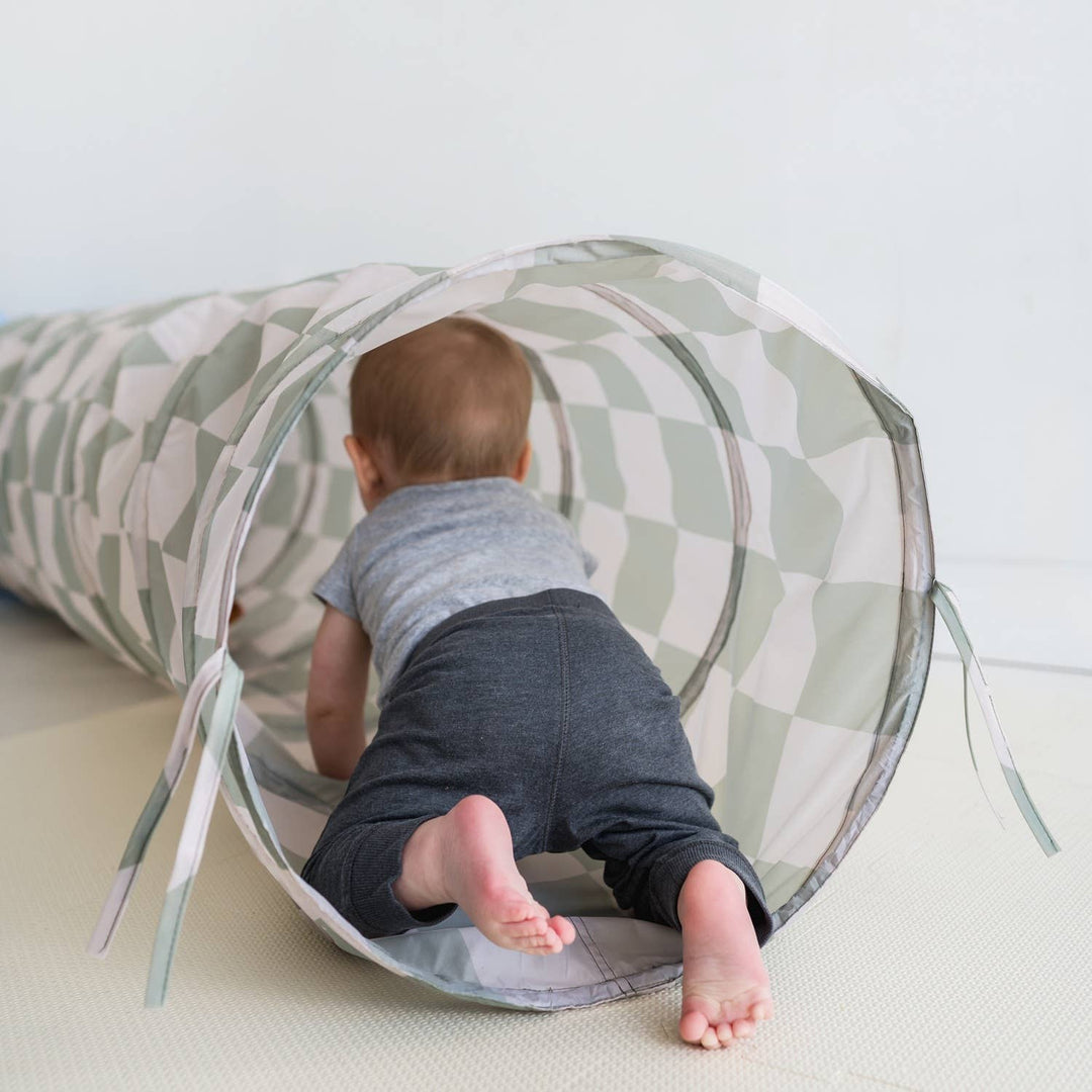 Kids Play Tunnel with Recycled Fabric: Gingham Beige