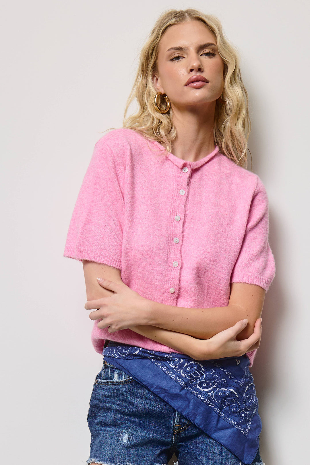 Short Sleeve Button Down Cardigan Top: Pink