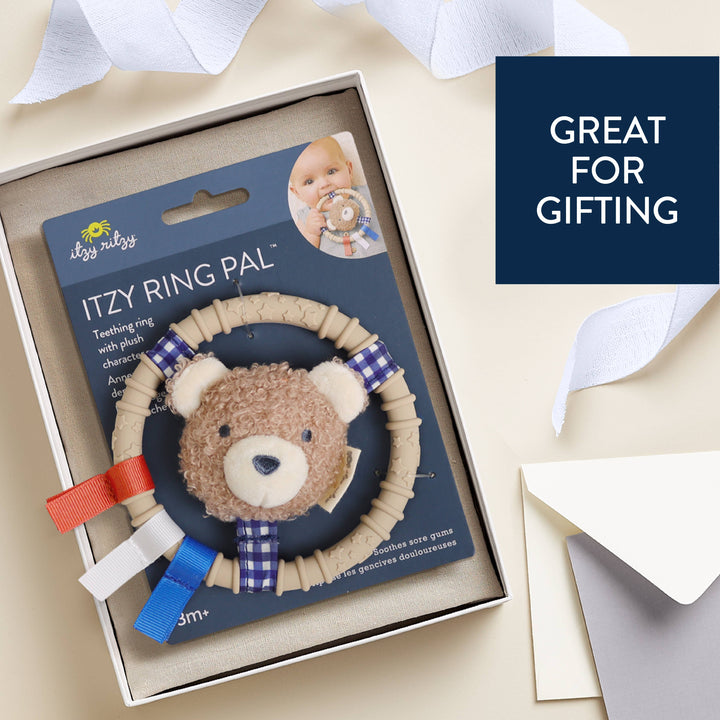 Itzy Ring Pal™ - Teething Ring with Plush Character: Taupe Bear