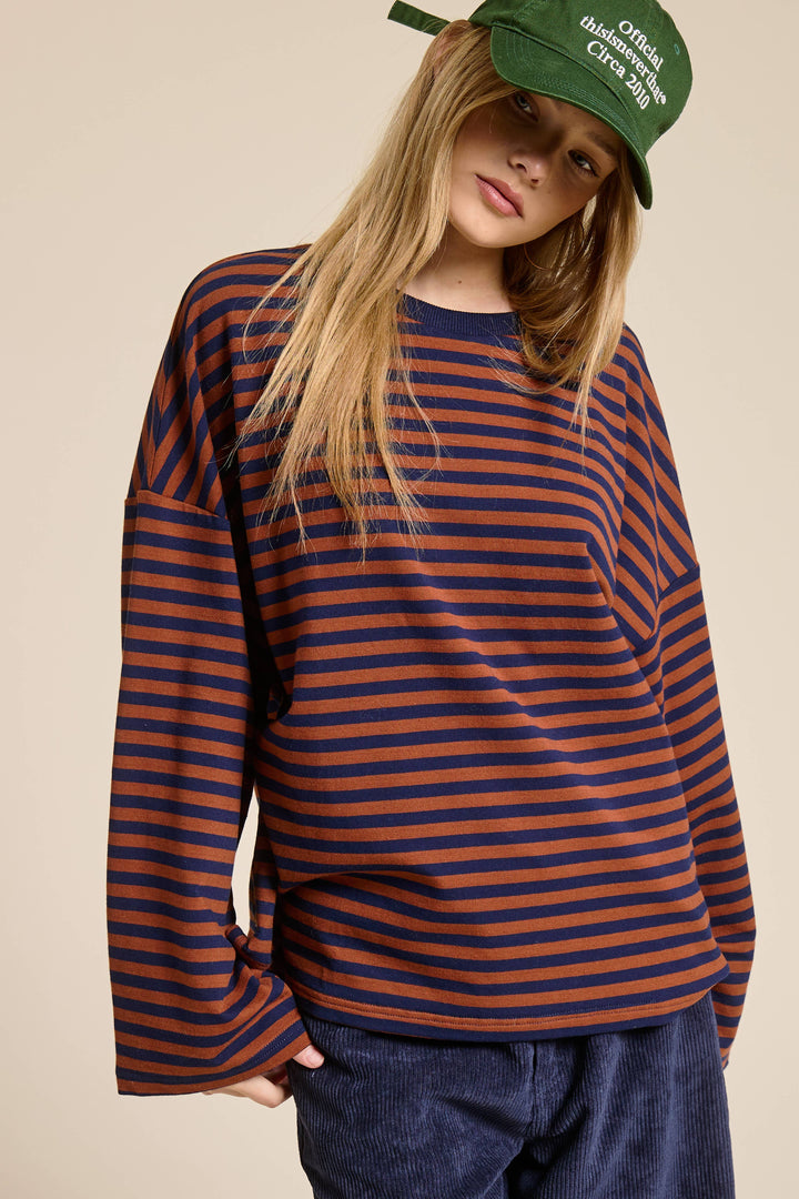 Striped Terry Oversized Long Sleeve Top: Brown
