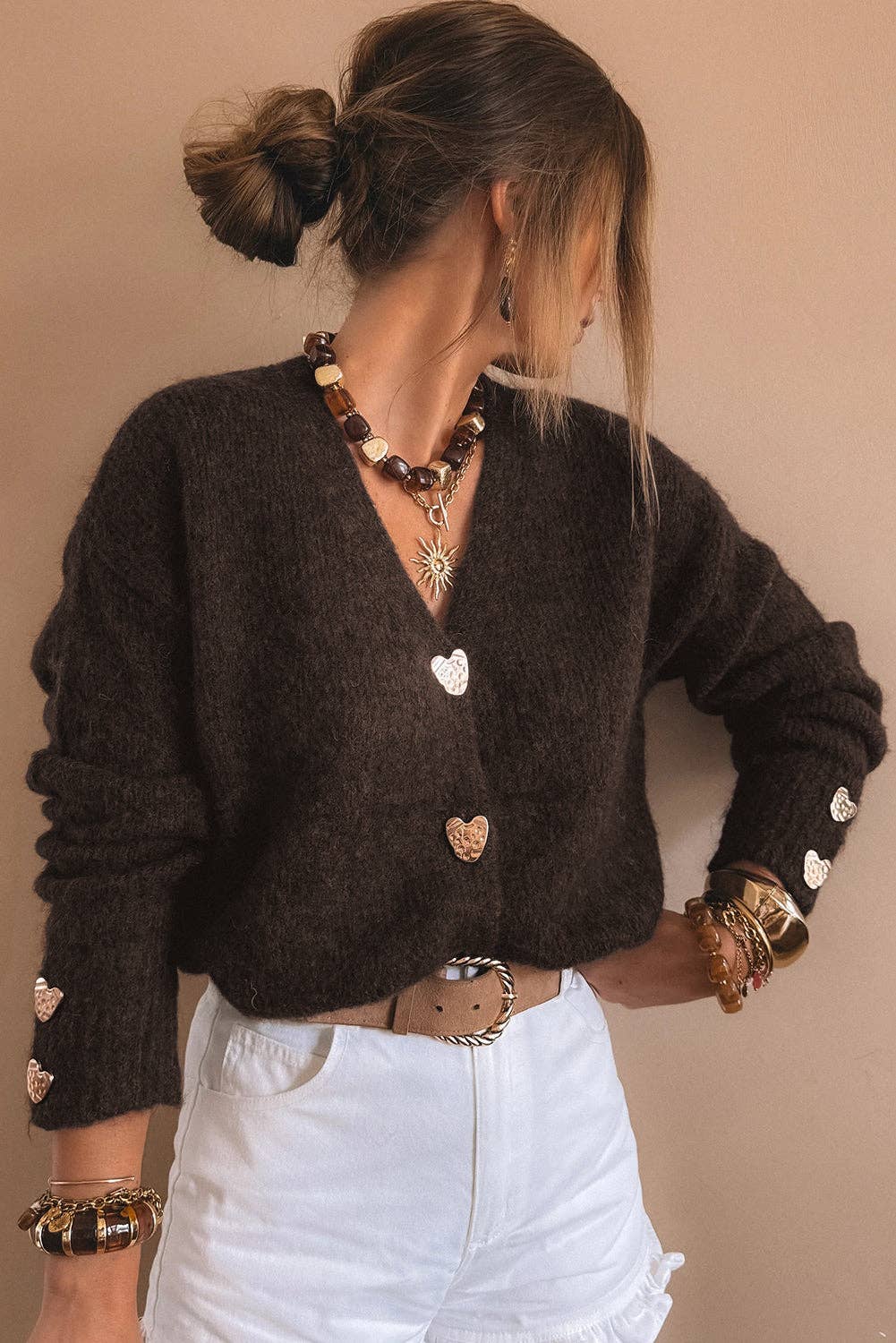 Chicory Coffee Heart Metal Button V Neck Cardigan Sweater: Chicory Coffee