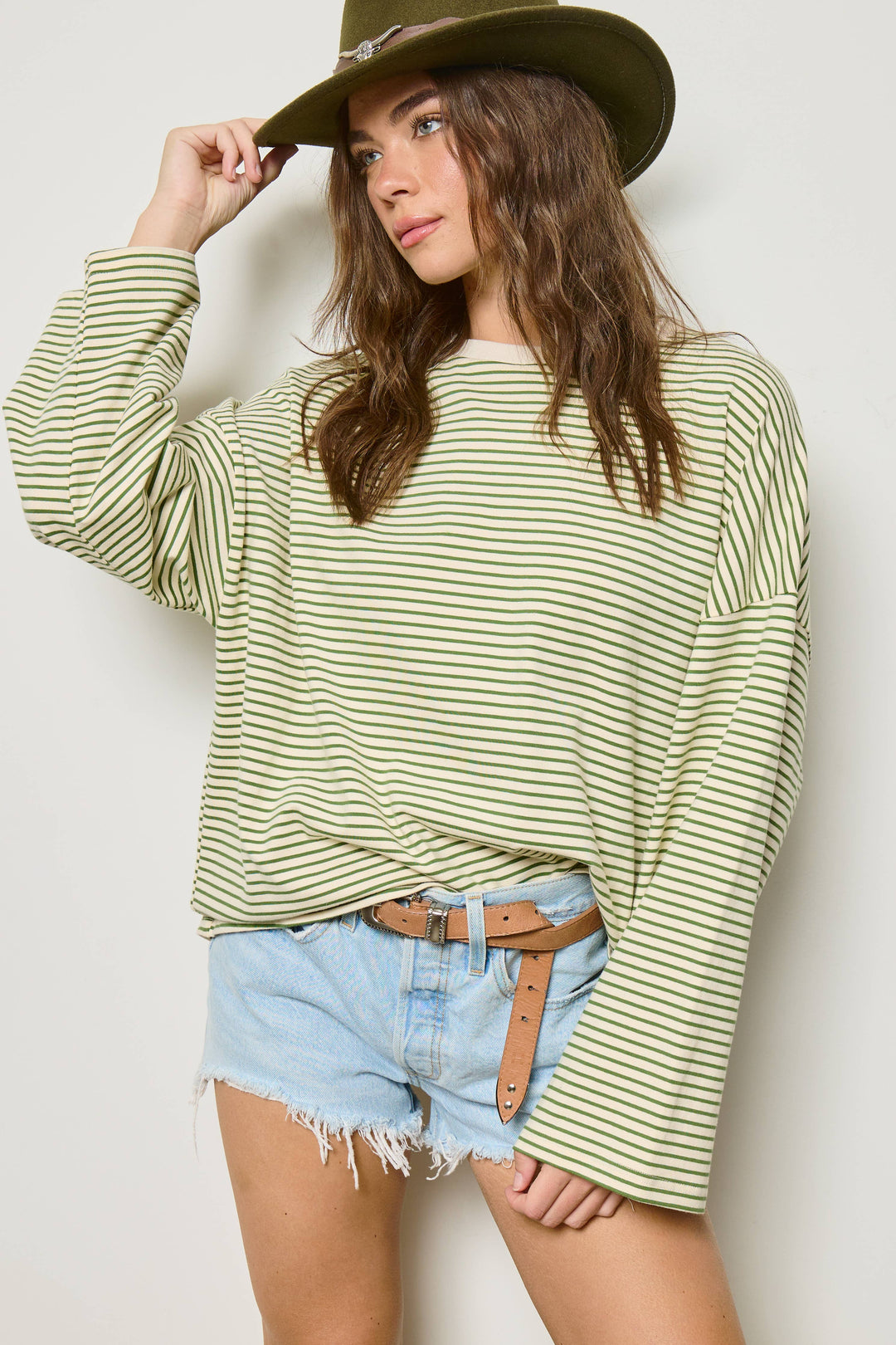 Striped Oversized Long Sleeve Top: Clover