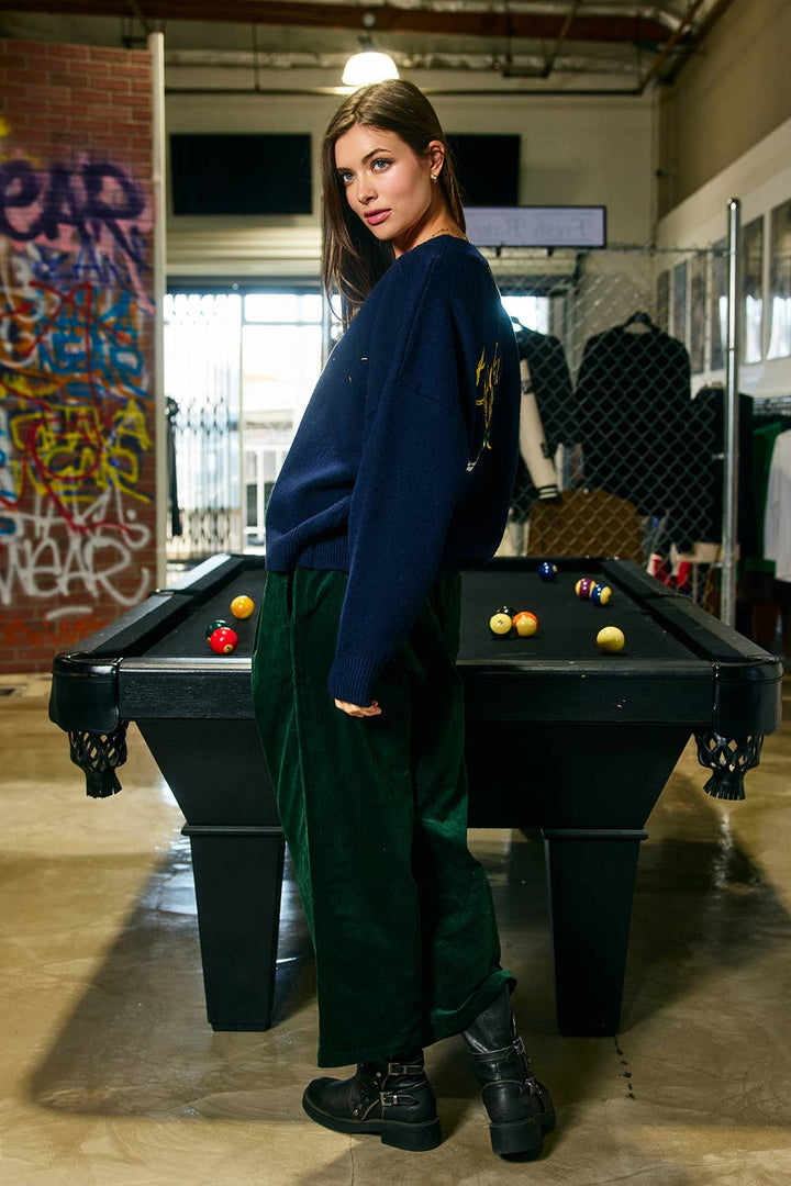 Embroidered "Lucky Duck" V-Neck Cardigan: NAVY/YELL