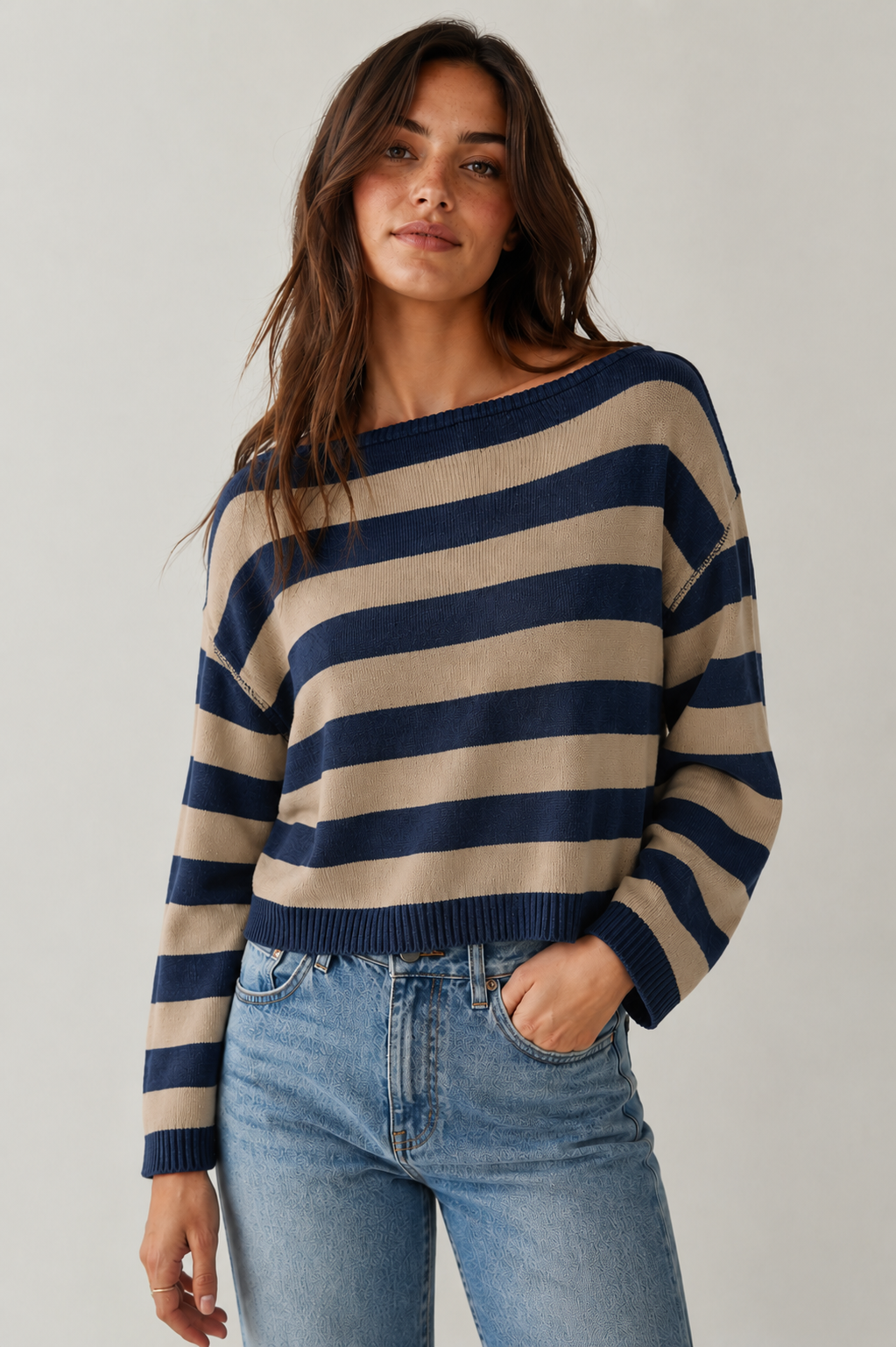 Boat Neck Yarn Dye Stripe Lightweight Sweater: Tan