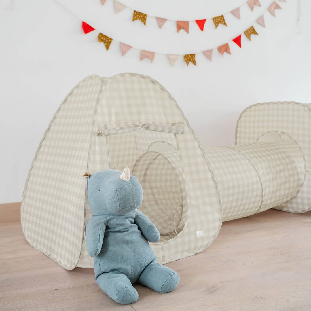 Kids 3-in-1 Play Tent & Tunnel Set with Recycled Fabric: Gingham Beige