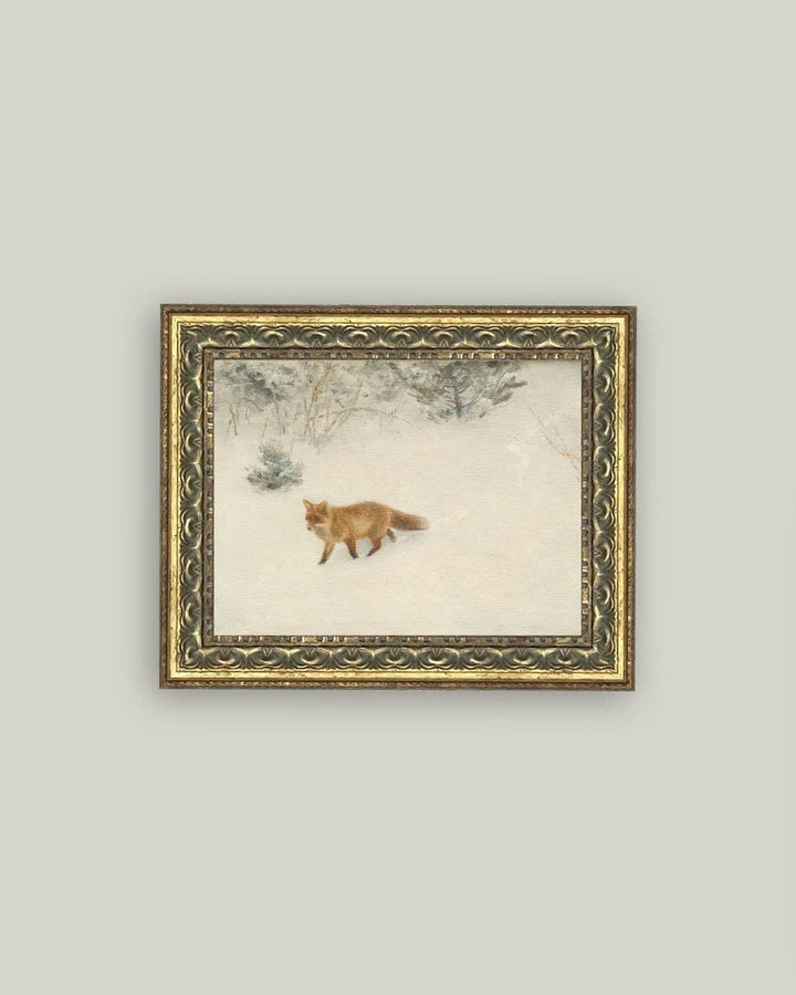 Fox In Winter Framed Antique Art: 7x5
