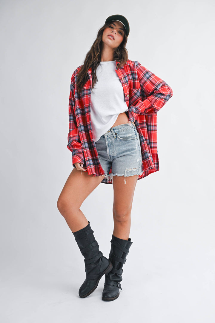 Oversized Plaid Button Down Shirt: Red