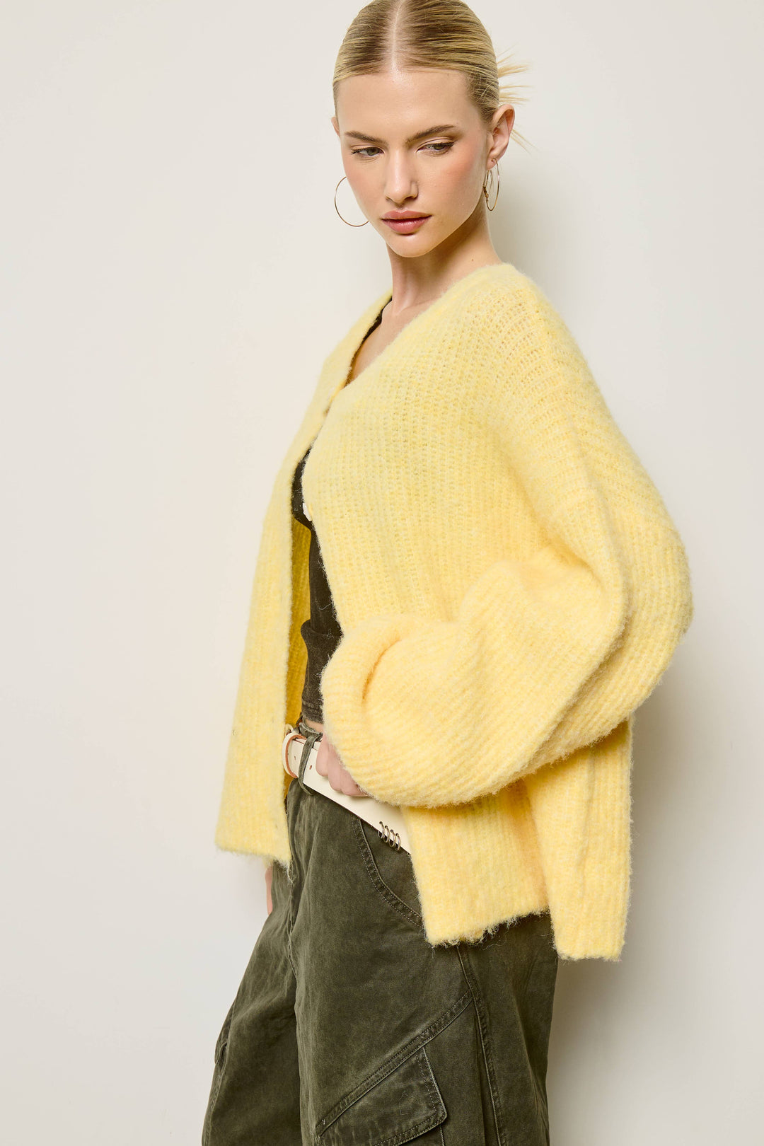 Balloon Sleeve Knit Cardigan: Butter