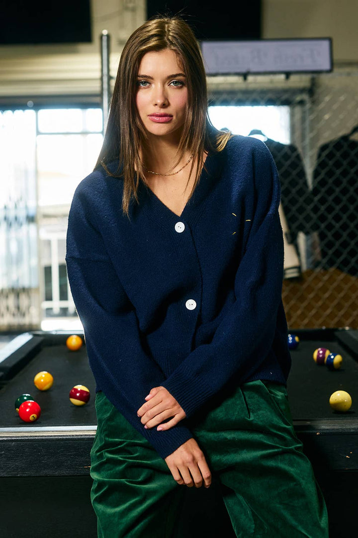 Embroidered "Lucky Duck" V-Neck Cardigan: NAVY/YELL