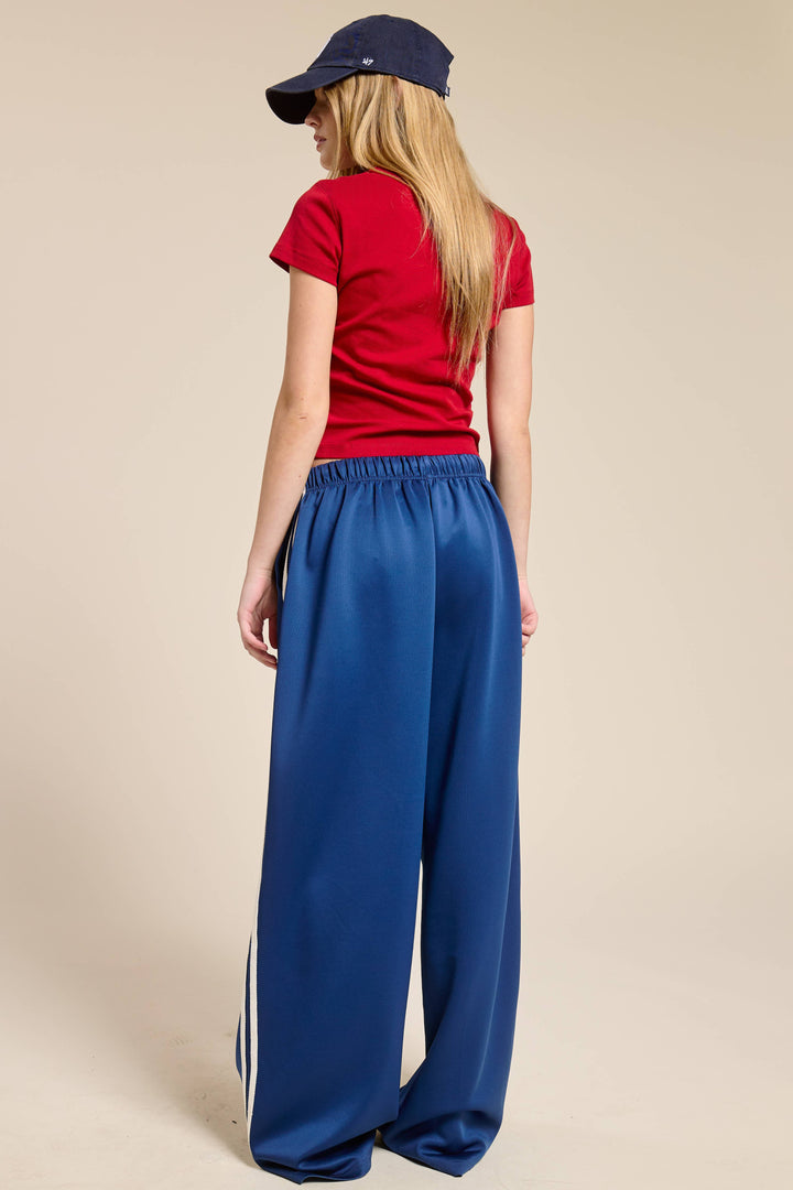 Wide Leg Track Pants with Side Stripes: Blue