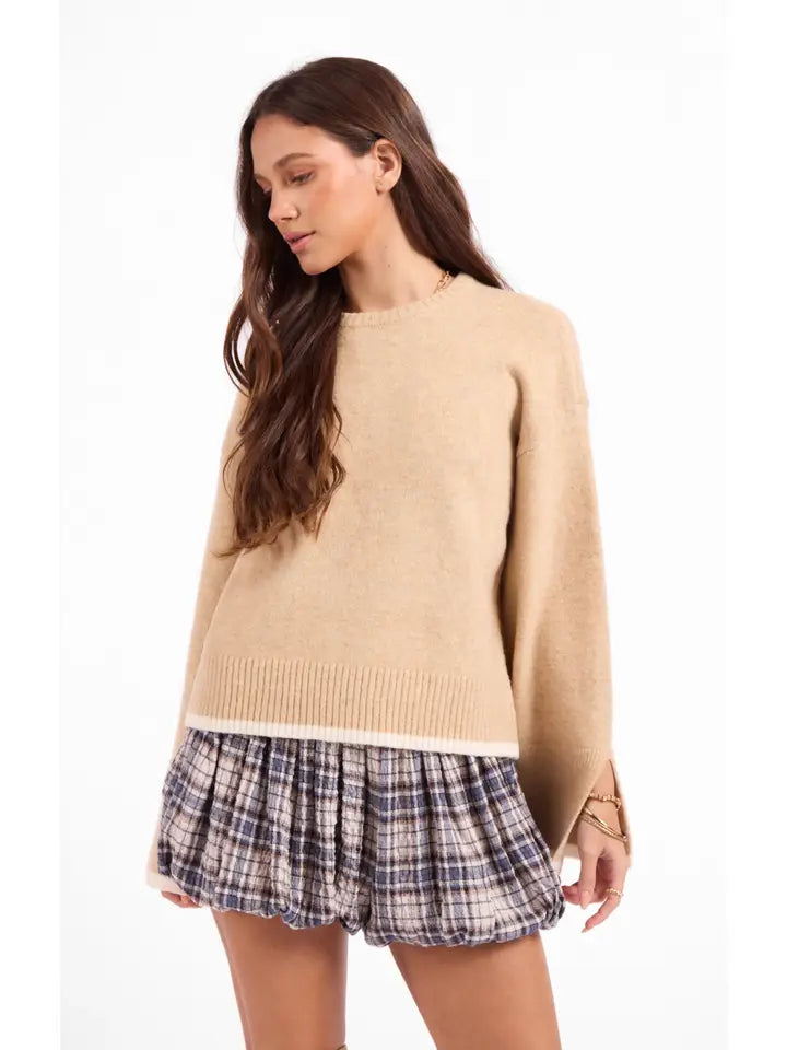 Angelina Cuff Slit Crew Neck Sweater