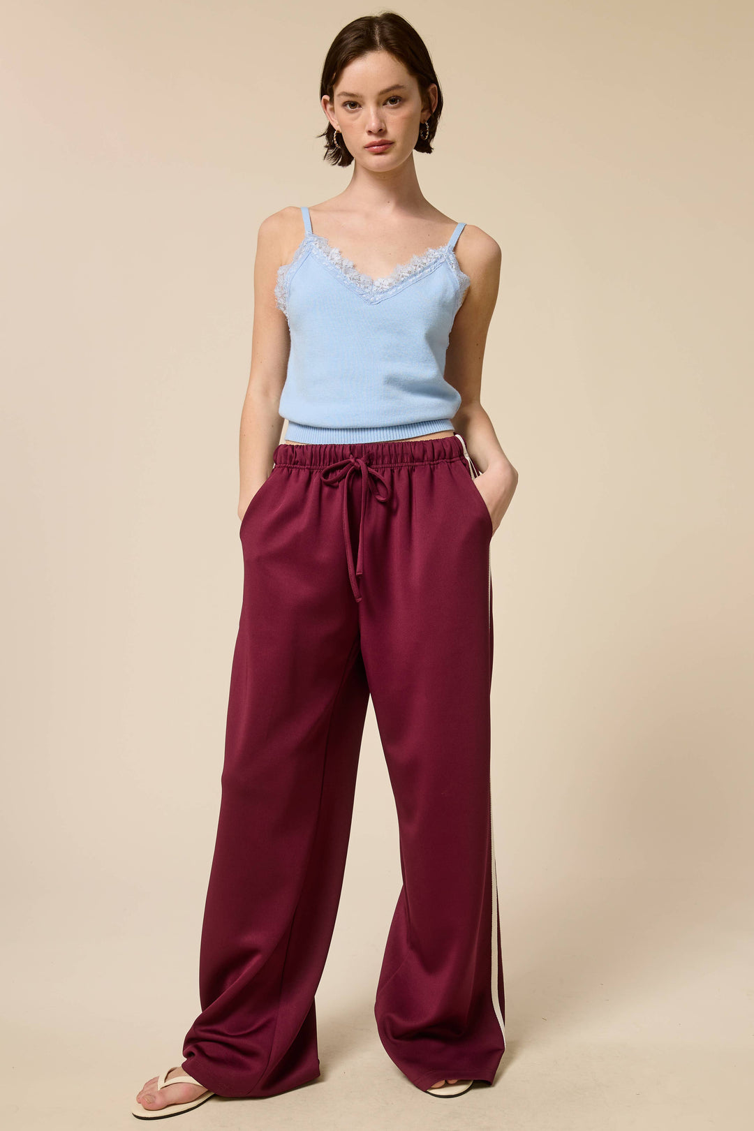 Wide Leg Track Pants with Side Stripes: Maroon