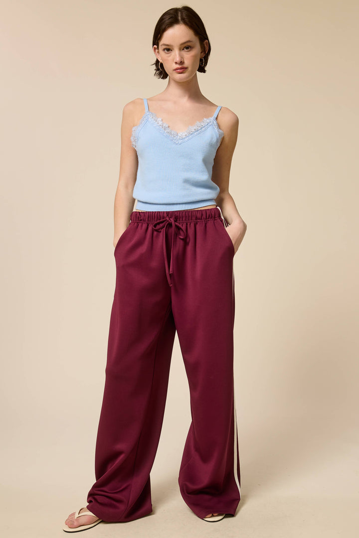 Wide Leg Track Pants with Side Stripes: Maroon