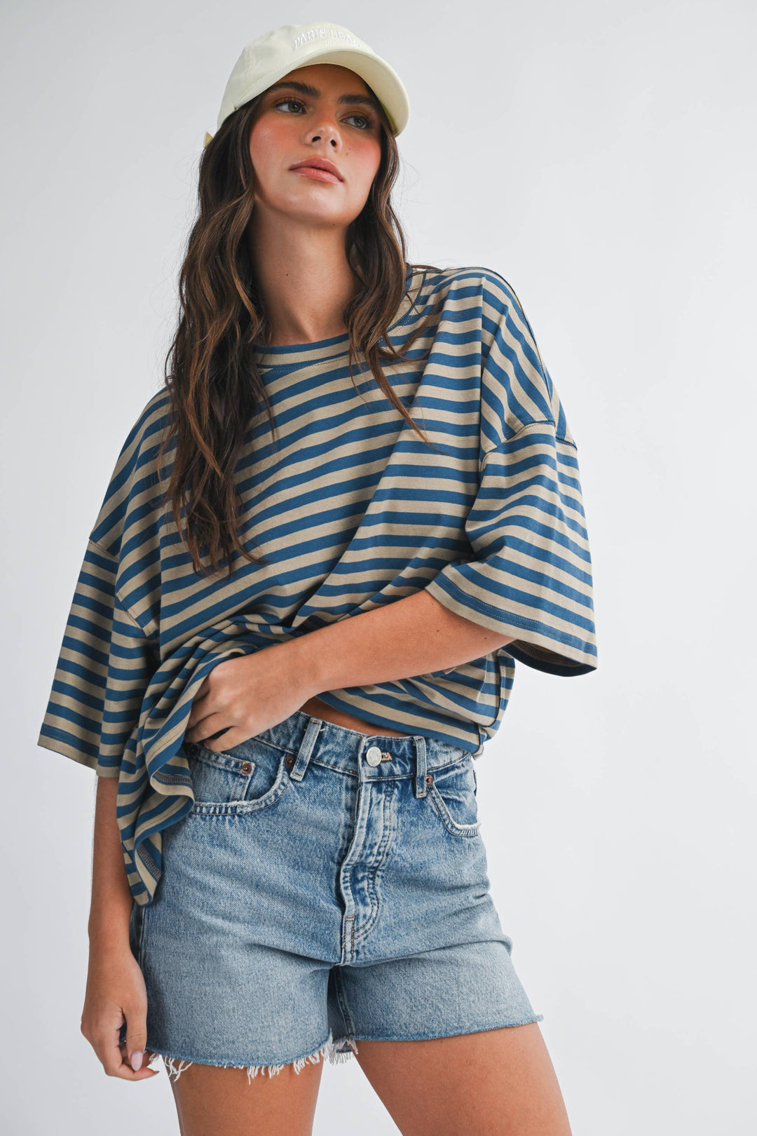 Oversized Stripe Boyfriend Tee: Tan
