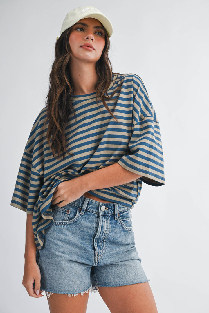 Oversized Stripe Boyfriend Tee: Tan