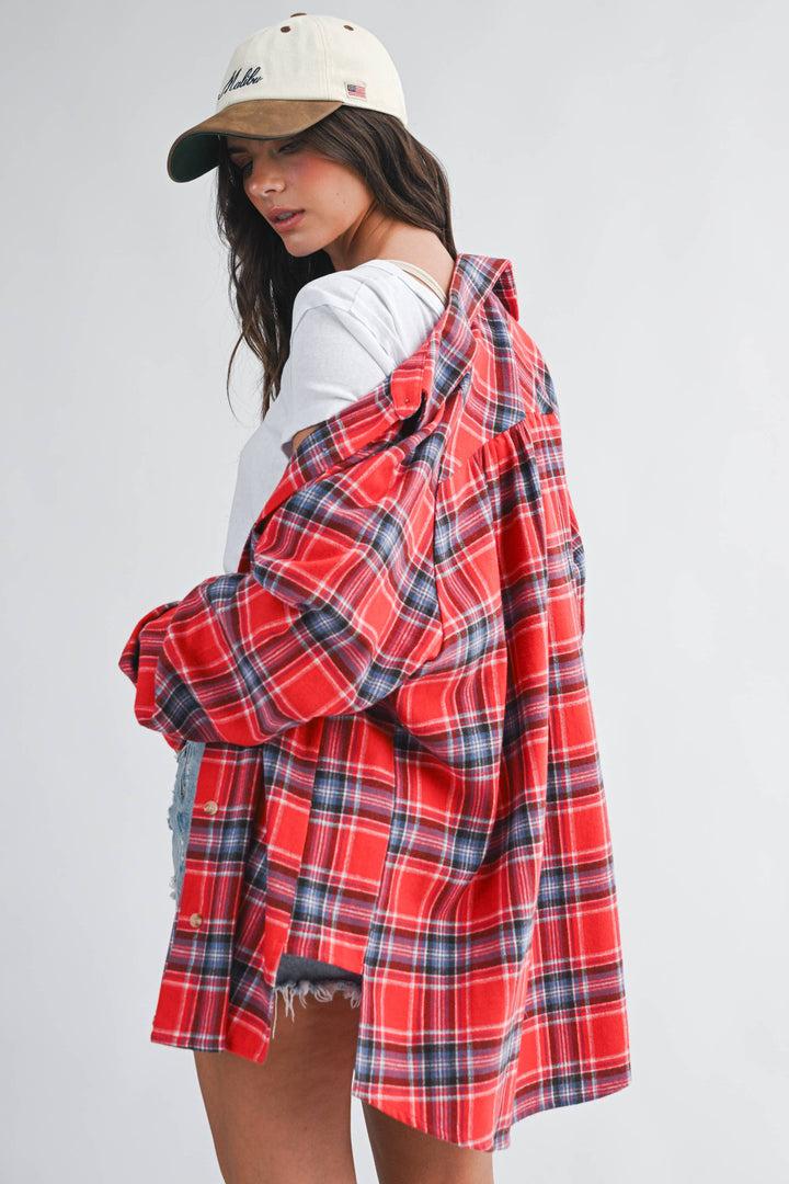 Oversized Plaid Button Down Shirt: Red