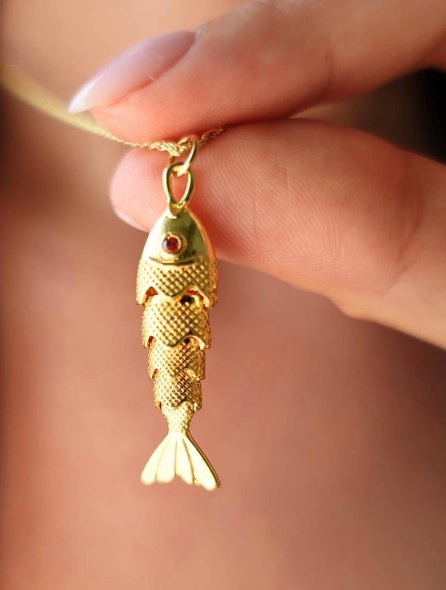 Lure- 14K Gold Steel Articulated Portuguese Fish Necklace : Small