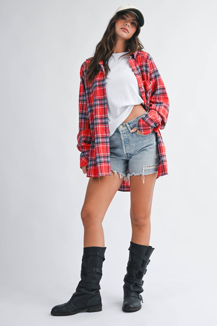 Oversized Plaid Button Down Shirt: Red