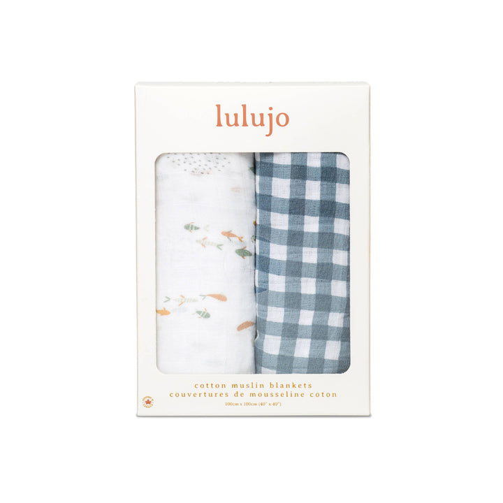 2-Pack Cotton Swaddle Blankets – Navy Gingham & Fish