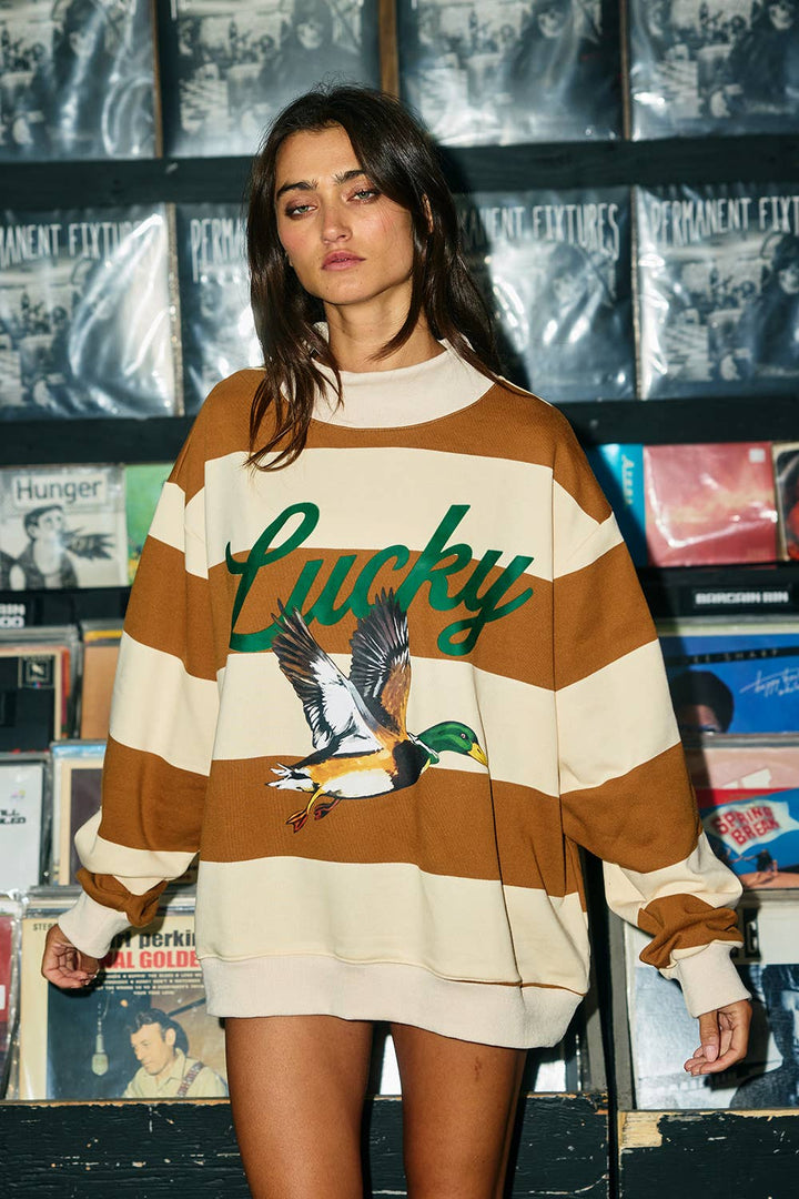 Lucky Mallard Duck Mock-Neck Sweatshirt: CAMEL/CREAM