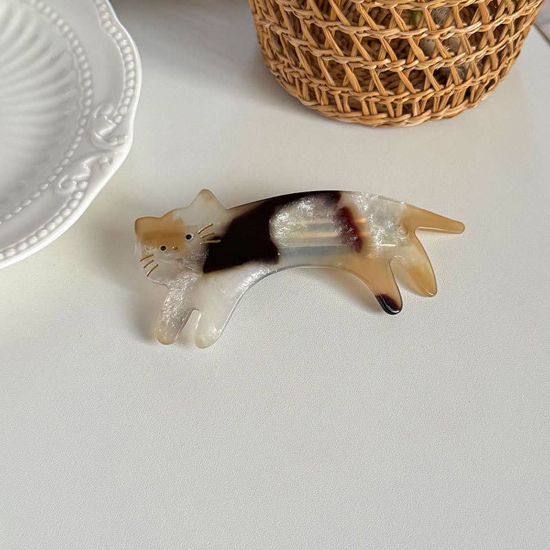 Playful Cat Hair Clips, Animal - Inspired Acetate Hair Claw: BeigeBlack