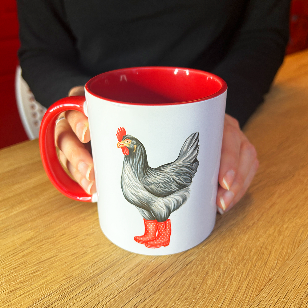 Hen wearing Red Rain Boots Mug: 11oz - 325ml