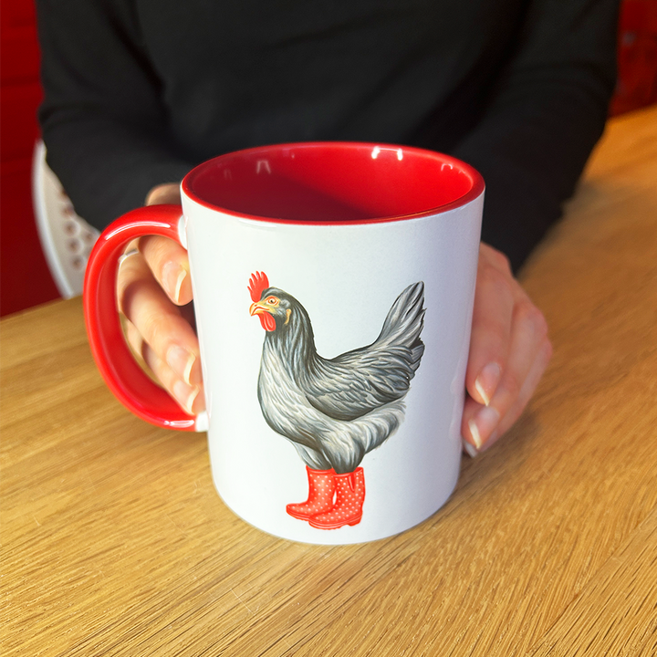 Hen wearing Red Rain Boots Mug: 11oz - 325ml