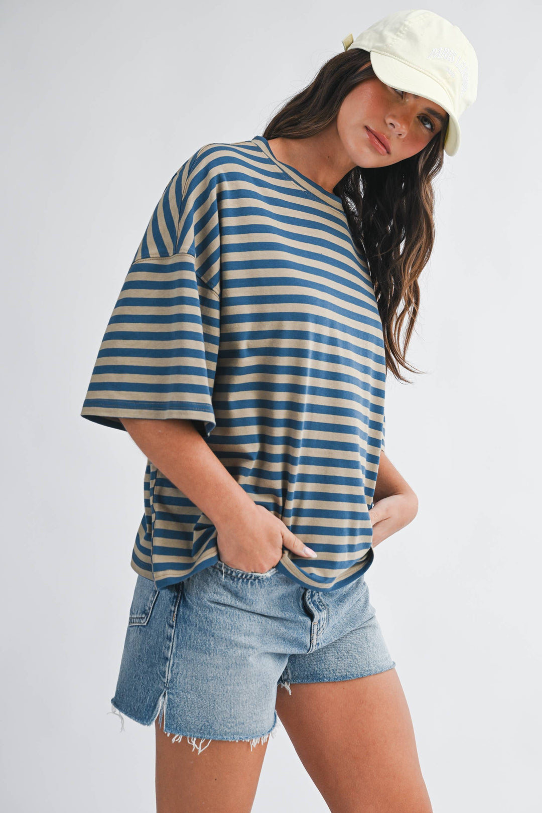 Oversized Stripe Boyfriend Tee: Tan