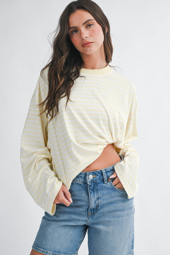 Oversized Stripe Long Sleeve Top: Lemon