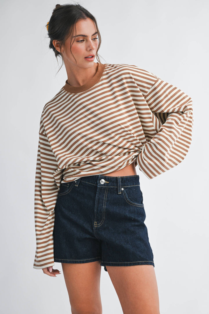 Oversized Stripe Long Sleeve Top: Latte