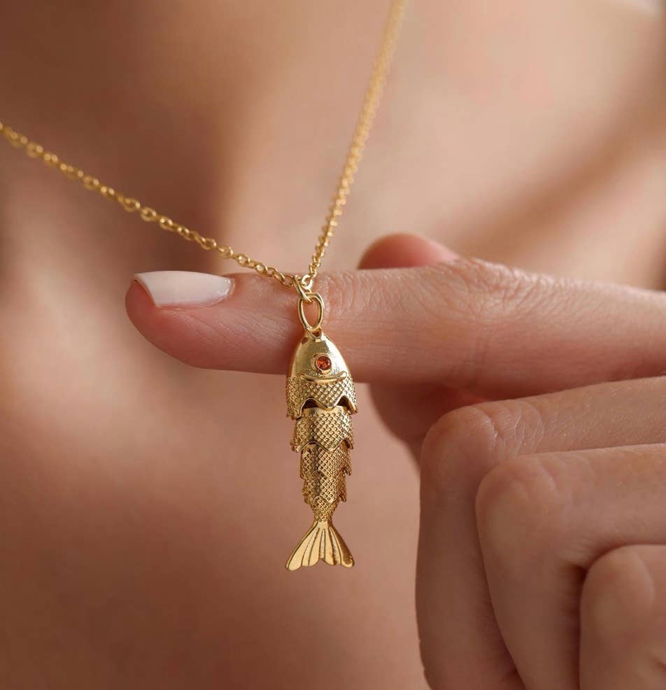 Lure- 14K Gold Steel Articulated Portuguese Fish Necklace : Medium