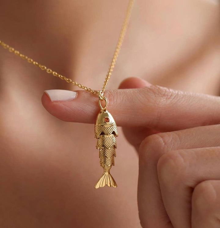 Lure- 14K Gold Steel Articulated Portuguese Fish Necklace : Medium