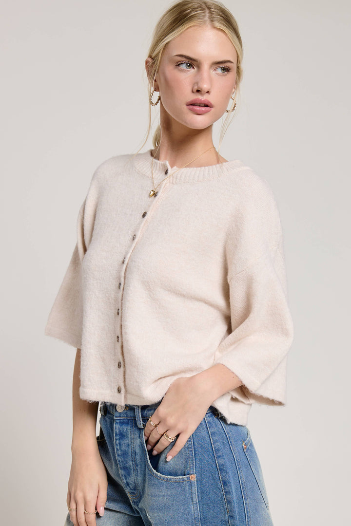 Wide Sleeve Button Front Knit Cardigan: Beige