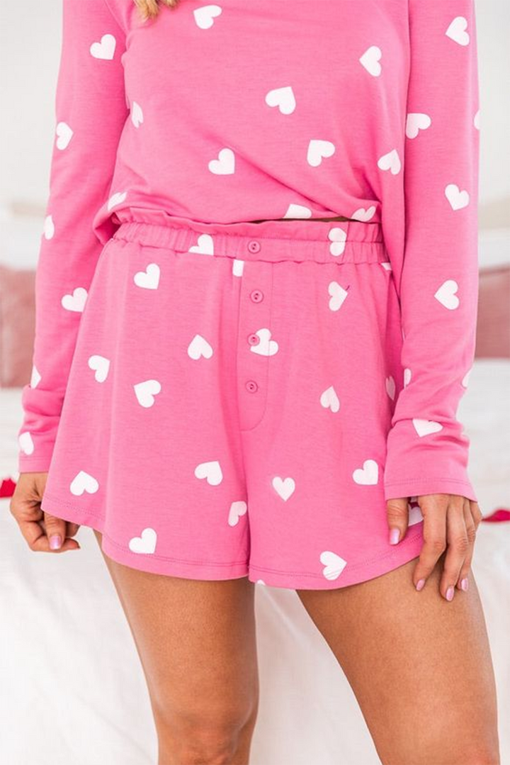 Pink Valentine Heart Print Long Sleeve Tee and Shorts Lounge Set: Pink
