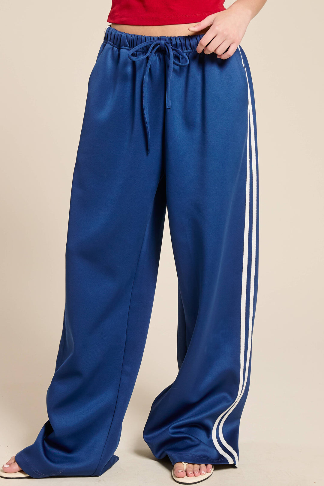 Wide Leg Track Pants with Side Stripes: Blue