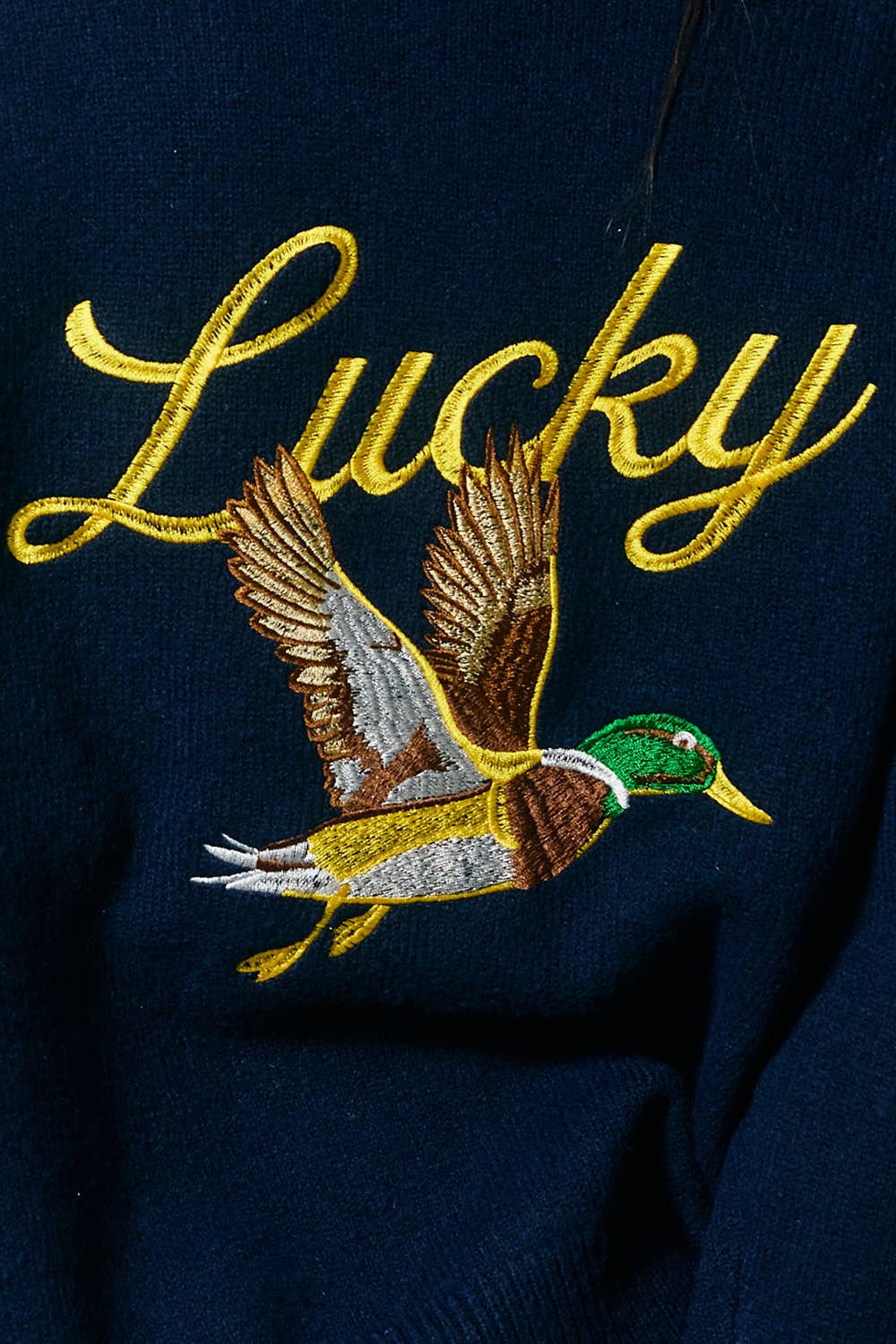 Embroidered "Lucky Duck" V-Neck Cardigan: NAVY/YELL