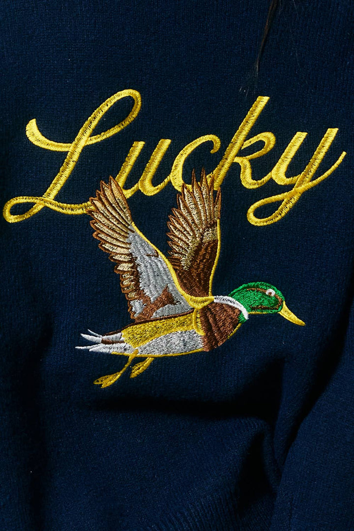 Embroidered "Lucky Duck" V-Neck Cardigan: NAVY/YELL