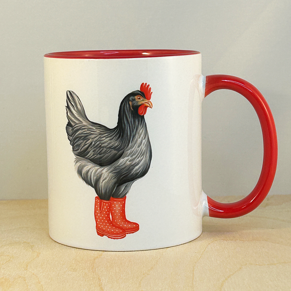 Hen wearing Red Rain Boots Mug: 11oz - 325ml