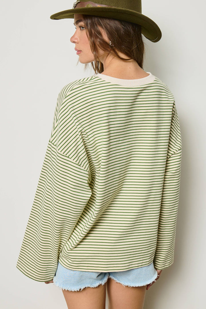 Striped Oversized Long Sleeve Top: Clover