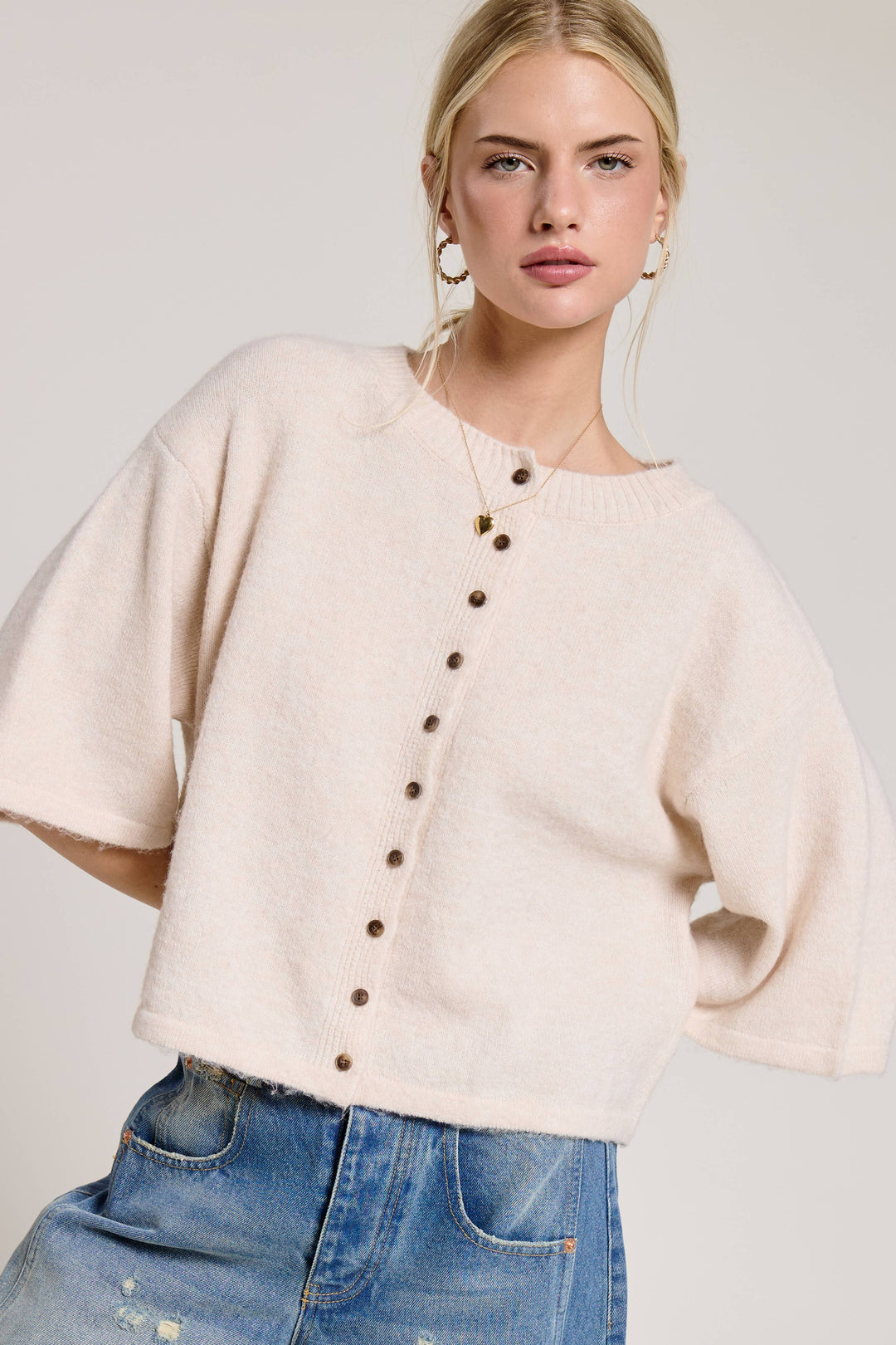 Wide Sleeve Button Front Knit Cardigan: Beige